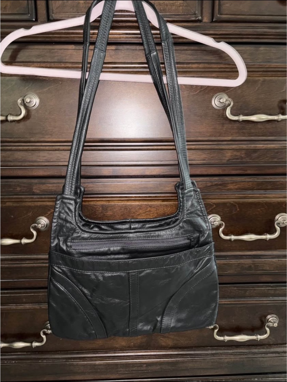 Classic Black 100% Leather Concealed Carry Shoulder Bag Purse